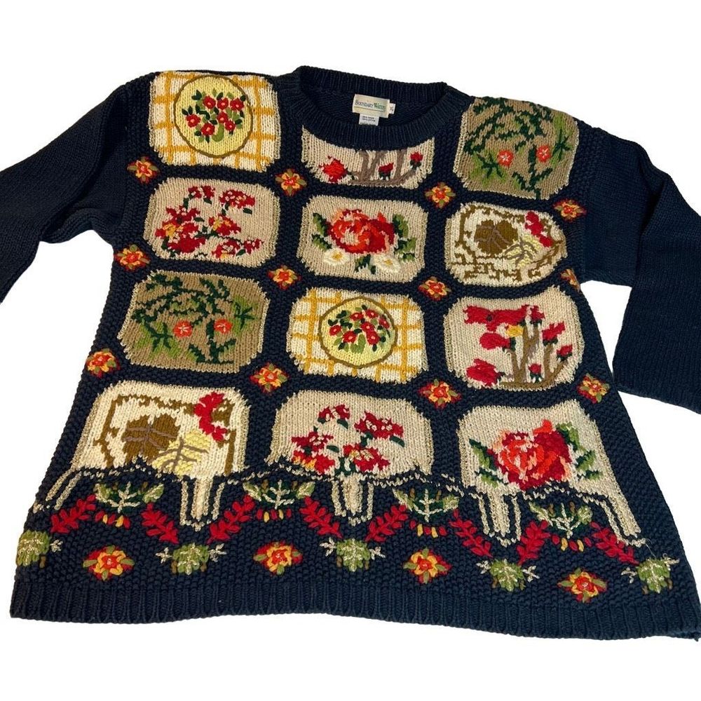Boundary Waters Womens Floral Design Rib-knit Crewneck Pullover Sweater Black XL